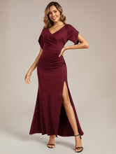Load image into Gallery viewer, Color=Burgundy | Commercial Wholesale Short Sleeve Fishtail Deep V-Neck Thigh-High Slit Evening Dresses-Burgundy 1