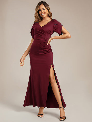 Color=Burgundy | Commercial Wholesale Short Sleeve Fishtail Deep V-Neck Thigh-High Slit Evening Dresses-Burgundy 1