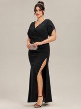 Load image into Gallery viewer, Color=Black | Commercial Wholesale Short Sleeve Fishtail Deep V-Neck Thigh-High Slit Evening Dresses-Black 19