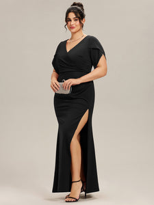 Color=Black | Commercial Wholesale Short Sleeve Fishtail Deep V-Neck Thigh-High Slit Evening Dresses-Black 19