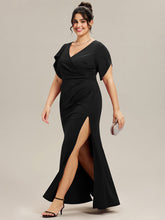 Load image into Gallery viewer, Color=Black | Commercial Wholesale Short Sleeve Fishtail Deep V-Neck Thigh-High Slit Evening Dresses-Black 20