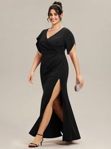 Color=Black | Commercial Wholesale Short Sleeve Fishtail Deep V-Neck Thigh-High Slit Evening Dresses-Black 20