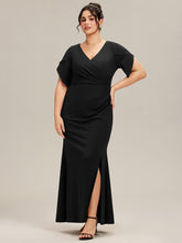 Load image into Gallery viewer, Color=Black | Commercial Wholesale Short Sleeve Fishtail Deep V-Neck Thigh-High Slit Evening Dresses-Black 16
