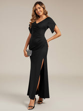 Load image into Gallery viewer, Color=Black | Commercial Wholesale Short Sleeve Fishtail Deep V-Neck Thigh-High Slit Evening Dresses-Black 14