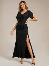 Load image into Gallery viewer, Color=Black | Commercial Wholesale Short Sleeve Fishtail Deep V-Neck Thigh-High Slit Evening Dresses-Black 11