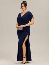 Load image into Gallery viewer, Color=Navy Blue | Commercial Wholesale Short Sleeve Fishtail Deep V-Neck Thigh-High Slit Evening Dresses-Navy Blue 29