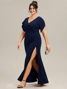 Color=Navy Blue | Commercial Wholesale Short Sleeve Fishtail Deep V-Neck Thigh-High Slit Evening Dresses-Navy Blue 30