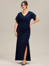 Load image into Gallery viewer, Color=Navy Blue | Commercial Wholesale Short Sleeve Fishtail Deep V-Neck Thigh-High Slit Evening Dresses-Navy Blue 26