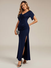Load image into Gallery viewer, Color=Navy Blue | Commercial Wholesale Short Sleeve Fishtail Deep V-Neck Thigh-High Slit Evening Dresses-Navy Blue 24