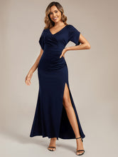 Load image into Gallery viewer, Color=Navy Blue | Commercial Wholesale Short Sleeve Fishtail Deep V-Neck Thigh-High Slit Evening Dresses-Navy Blue 21