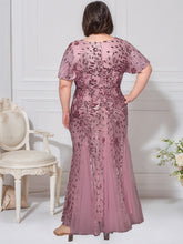 Load image into Gallery viewer, Color=Purple Orchid | B2B-Exclusive Short Sleeve Ruffle Sequin V-Neck A-Line Maxi Evening Dresses-Purple Orchid 7