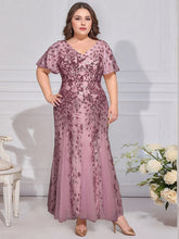 Load image into Gallery viewer, Color=Purple Orchid | B2B-Exclusive Short Sleeve Ruffle Sequin V-Neck A-Line Maxi Evening Dresses-Purple Orchid 6