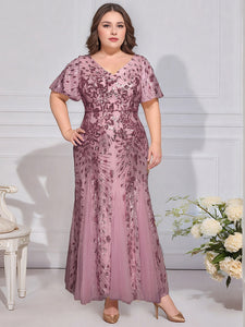 Color=Purple Orchid | B2B-Exclusive Short Sleeve Ruffle Sequin V-Neck A-Line Maxi Evening Dresses-Purple Orchid 6