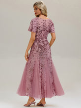 Load image into Gallery viewer, Color=Purple Orchid | B2B-Exclusive Short Sleeve Ruffle Sequin V-Neck A-Line Maxi Evening Dresses-Purple Orchid 2