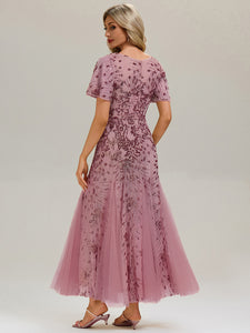 Color=Purple Orchid | B2B-Exclusive Short Sleeve Ruffle Sequin V-Neck A-Line Maxi Evening Dresses-Purple Orchid 2