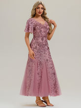Load image into Gallery viewer, Color=Purple Orchid | B2B-Exclusive Short Sleeve Ruffle Sequin V-Neck A-Line Maxi Evening Dresses-Purple Orchid 4
