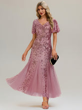 Load image into Gallery viewer, Color=Purple Orchid | B2B-Exclusive Short Sleeve Ruffle Sequin V-Neck A-Line Maxi Evening Dresses-Purple Orchid 5
