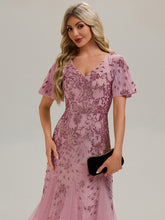 Load image into Gallery viewer, Color=Purple Orchid | B2B-Exclusive Short Sleeve Ruffle Sequin V-Neck A-Line Maxi Evening Dresses-Purple Orchid 3
