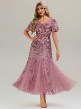 Load image into Gallery viewer, Color=Purple Orchid | B2B-Exclusive Short Sleeve Ruffle Sequin V-Neck A-Line Maxi Evening Dresses-Purple Orchid 1