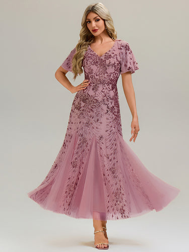 Color=Purple Orchid | B2B-Exclusive Short Sleeve Ruffle Sequin V-Neck A-Line Maxi Evening Dresses-Purple Orchid 1