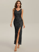 Load image into Gallery viewer, Color=Black | Wholesale Strapless Deep V-Neck Fishtail Maxi Dress with High Stretch Evening Dresses-Black 5