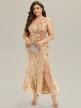 Load image into Gallery viewer, Color=Gold | Wholesale Strapless Deep V-Neck Fishtail Maxi Dress with High Stretch Evening Dresses-Gold 19