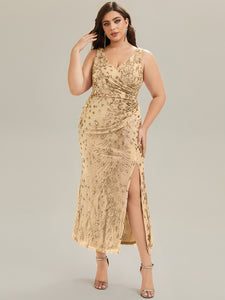 Color=Gold | Wholesale Strapless Deep V-Neck Fishtail Maxi Dress with High Stretch Evening Dresses-Gold 20