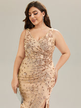 Load image into Gallery viewer, Color=Gold | Wholesale Strapless Deep V-Neck Fishtail Maxi Dress with High Stretch Evening Dresses-Gold 18
