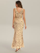 Load image into Gallery viewer, Color=Gold | Wholesale Strapless Deep V-Neck Fishtail Maxi Dress with High Stretch Evening Dresses-Gold 12