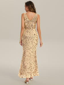 Color=Gold | Wholesale Strapless Deep V-Neck Fishtail Maxi Dress with High Stretch Evening Dresses-Gold 12