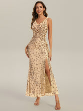 Load image into Gallery viewer, Color=Gold | Wholesale Strapless Deep V-Neck Fishtail Maxi Dress with High Stretch Evening Dresses-Gold 14