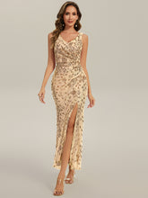 Load image into Gallery viewer, Color=Gold | Wholesale Strapless Deep V-Neck Fishtail Maxi Dress with High Stretch Evening Dresses-Gold 15