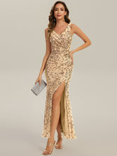 Load image into Gallery viewer, Color=Gold | Wholesale Strapless Deep V-Neck Fishtail Maxi Dress with High Stretch Evening Dresses-Gold 11