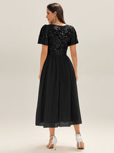 Load image into Gallery viewer, Color=Black | Wholesale Short Sleeve Ruffle Sequin Deep V-Neck Fishtail Midi Evening Dresses-Black 2