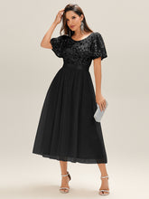 Load image into Gallery viewer, Color=Black | Wholesale Short Sleeve Ruffle Sequin Deep V-Neck Fishtail Midi Evening Dresses-Black 5