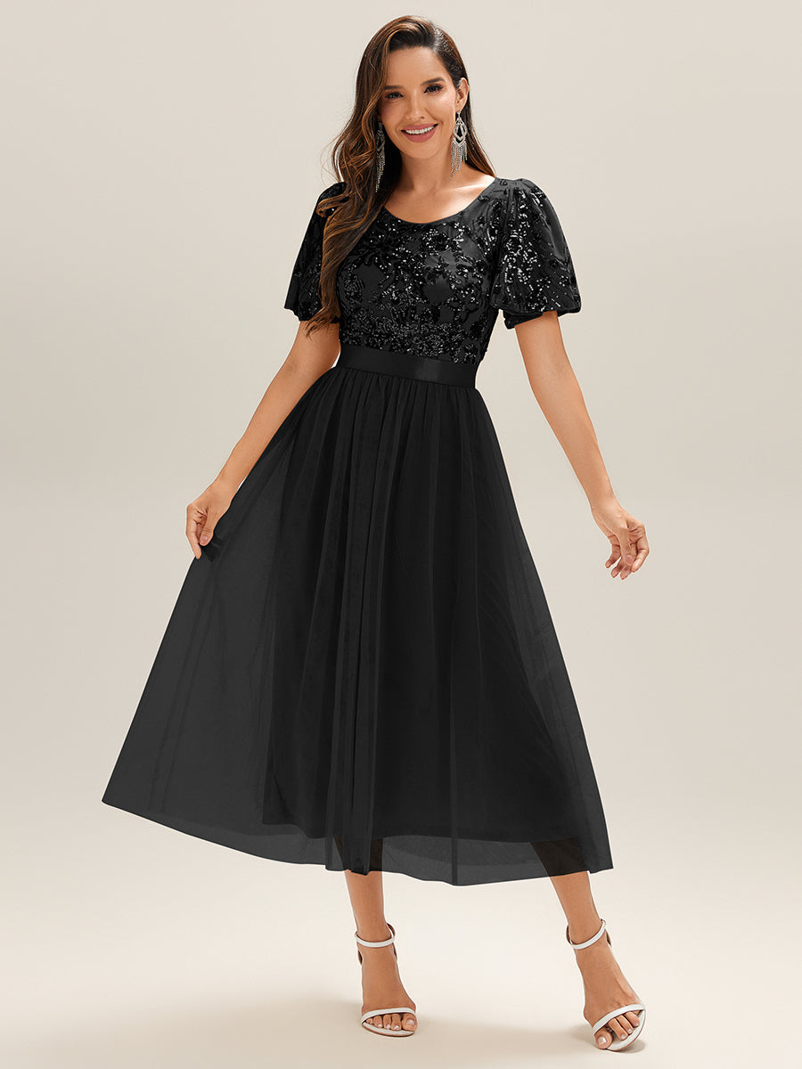 Color=Black | Wholesale Short Sleeve Ruffle Sequin Deep V-Neck Fishtail Midi Evening Dresses-Black 1