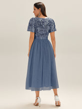 Load image into Gallery viewer, Color=Dusty Blue | Wholesale Short Sleeve Ruffle Sequin Deep V-Neck Fishtail Midi Evening Dresses-Dusty Blue 7