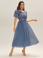 Load image into Gallery viewer, Color=Dusty Blue | Wholesale Short Sleeve Ruffle Sequin Deep V-Neck Fishtail Midi Evening Dresses-Dusty Blue 9