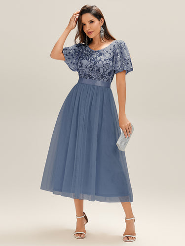 Color=Dusty Blue | Wholesale Short Sleeve Ruffle Sequin Deep V-Neck Fishtail Midi Evening Dresses-Dusty Blue 10