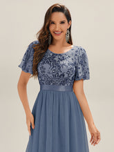 Load image into Gallery viewer, Color=Dusty Blue | Wholesale Short Sleeve Ruffle Sequin Deep V-Neck Fishtail Midi Evening Dresses-Dusty Blue 8