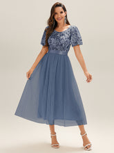 Load image into Gallery viewer, Color=Dusty Blue | Wholesale Short Sleeve Ruffle Sequin Deep V-Neck Fishtail Midi Evening Dresses-Dusty Blue 6