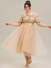 Load image into Gallery viewer, Color=Gold | Wholesale Short Sleeve Ruffle Sequin Deep V-Neck Fishtail Midi Evening Dresses-Gold 19