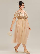 Load image into Gallery viewer, Color=Gold | Wholesale Short Sleeve Ruffle Sequin Deep V-Neck Fishtail Midi Evening Dresses-Gold 20