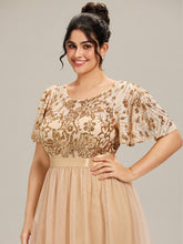 Load image into Gallery viewer, Color=Gold | Wholesale Short Sleeve Ruffle Sequin Deep V-Neck Fishtail Midi Evening Dresses-Gold 18