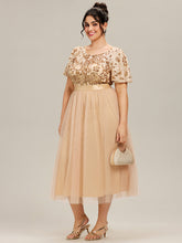 Load image into Gallery viewer, Color=Gold | Wholesale Short Sleeve Ruffle Sequin Deep V-Neck Fishtail Midi Evening Dresses-Gold 16