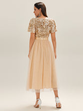 Load image into Gallery viewer, Color=Gold | Wholesale Short Sleeve Ruffle Sequin Deep V-Neck Fishtail Midi Evening Dresses-Gold 12