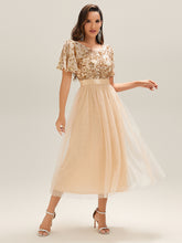 Load image into Gallery viewer, Color=Gold | Wholesale Short Sleeve Ruffle Sequin Deep V-Neck Fishtail Midi Evening Dresses-Gold 14