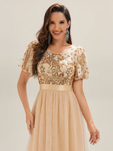 Load image into Gallery viewer, Color=Gold | Wholesale Short Sleeve Ruffle Sequin Deep V-Neck Fishtail Midi Evening Dresses-Gold 13