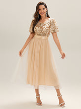 Load image into Gallery viewer, Color=Gold | Wholesale Short Sleeve Ruffle Sequin Deep V-Neck Fishtail Midi Evening Dresses-Gold 11