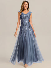 Load image into Gallery viewer, Color=Dusty Blue | One Stop Shop Sleeveless V-Neck Embroidered A-Line Floor Length Evening Dresses-Dusty Blue 1